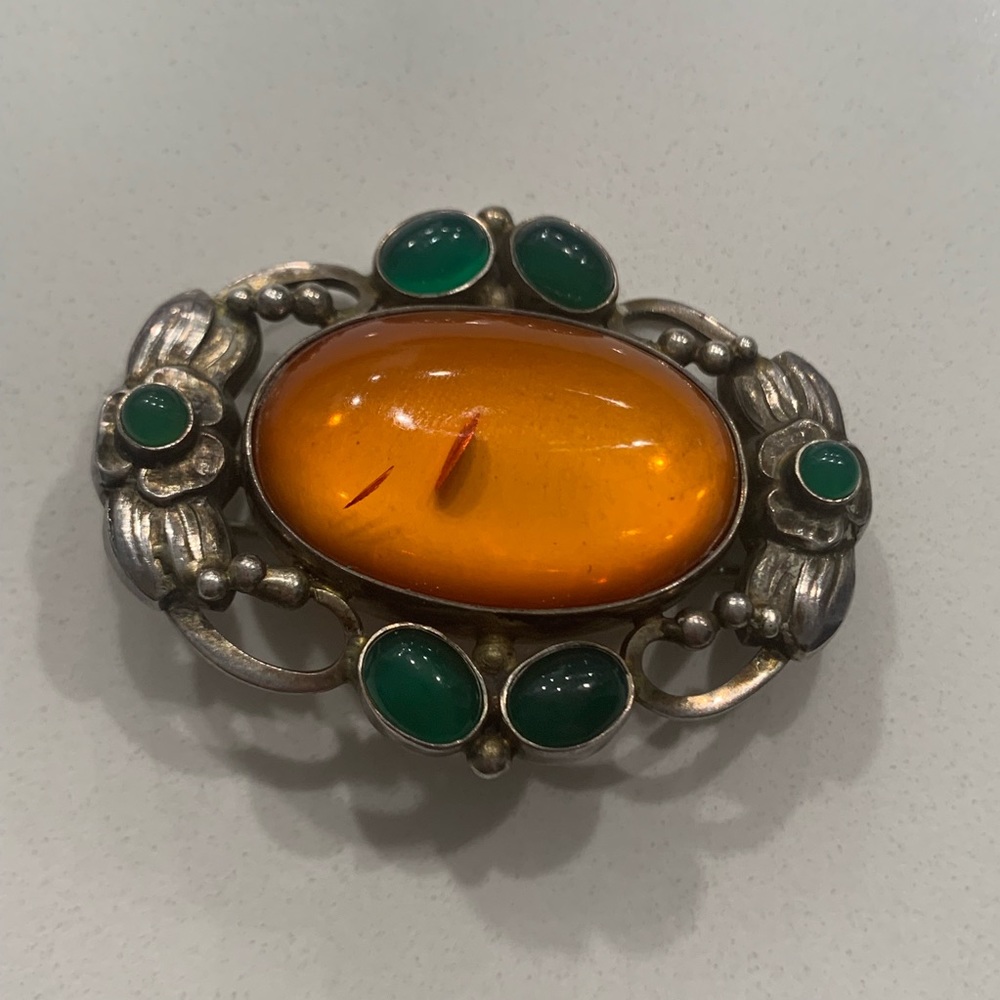 Georg Jensen Amber and Malachite Denmark Brooch